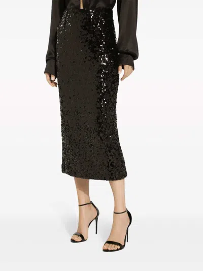 Dolce & Gabbana Sequined Midi Skirt Back Slit Pencil In Black
