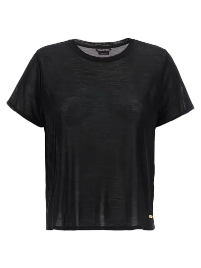 Tom Ford Sheer Silk T-shirt With Gold Logo Plaque In Black
