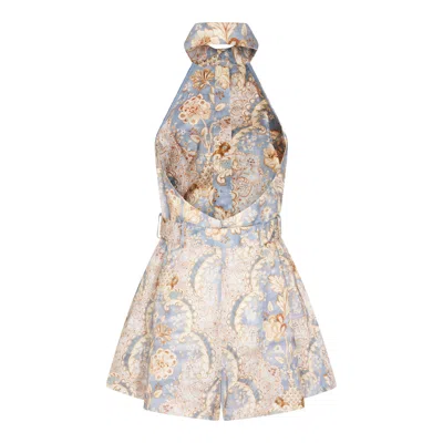 Zimmermann Daylight Belted Printed Linen Halterneck Playsuit In Multi