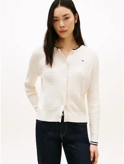 Tommy Hilfiger Lightweight Cable Knit Crewneck Cardigan In Neutral