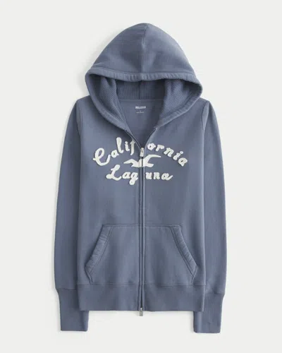 Hollister Waffle Lined Hood Zip-up Logo Graphic Hoodie In Blue