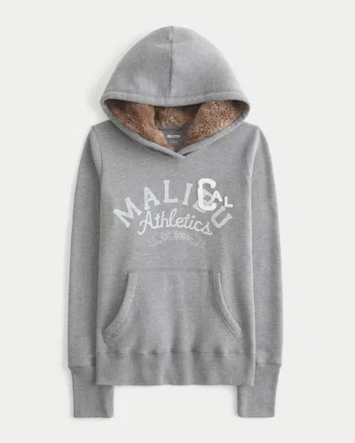 Hollister Faux Fur-lined Hood Graphic Hoodie In Gray