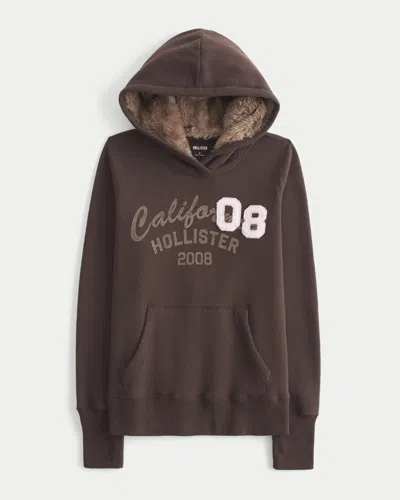 Hollister Faux Fur-lined Hood Graphic Hoodie In Brown