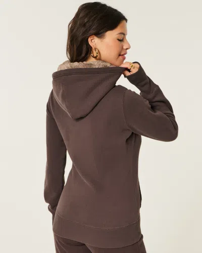 Hollister Faux Fur-lined Hood Graphic Hoodie In Brown