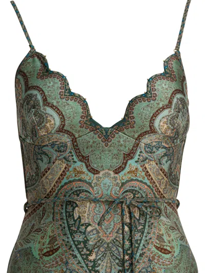 Zimmermann Wanderlust Belted Embellished Scalloped Printed Swimsuit In Green