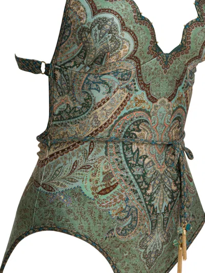 Zimmermann Wanderlust Belted Embellished Scalloped Printed Swimsuit In Green