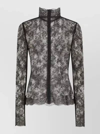 Dolce & Gabbana Chantilly Lace Top High Neck Long Sleeves In Black