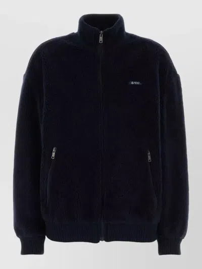 Prada Short Coat High Collar Front Pockets Ribbed Cuffs In Blue