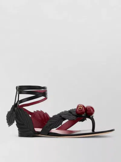 Valentino Leather Cherryfic Thong Sandals Leaf Detail In Black