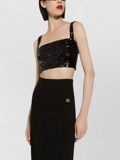 Dolce & Gabbana Cropped Sequin Top Square Neck Straps In Black