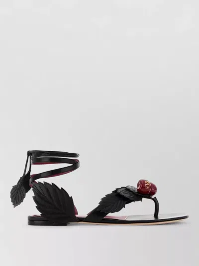 Valentino Leather Cherryfic Thong Sandals Leaf Detail In Black