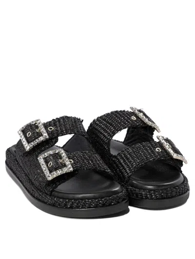 Alibi Greta Crystal Buckle Raffia Sandals In Multi