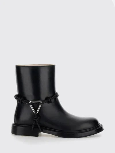 Bottega Veneta Women Black Ankle Boots With Metallic Detail On The Side And Applied Laces In Leather