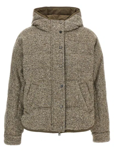 Brunello Cucinelli Reversible Virgin Wool And Silk Down Jacket With Hood In Brown