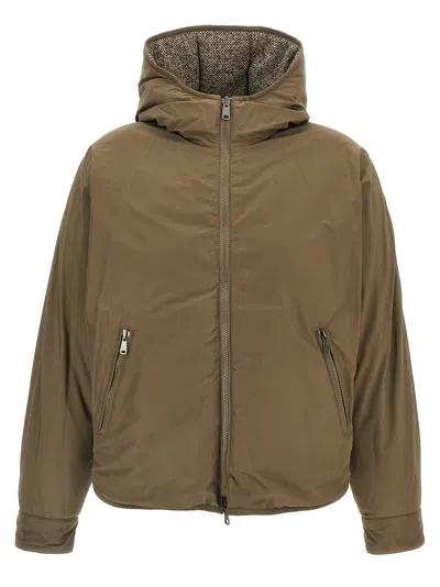 Brunello Cucinelli Reversible Virgin Wool And Silk Down Jacket With Hood In Brown