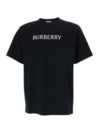 Burberry Men Black Crewneck T-shirt With Logo Lettering On The Front In Cotton Man In Black