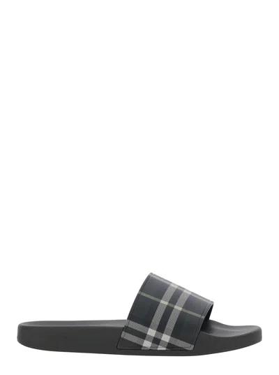Burberry Men Dark Green Sandals With Check Motif On The Front In Rubber Man In Black