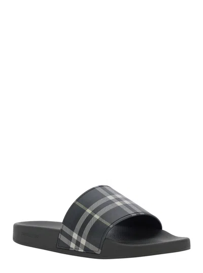 Burberry Men Dark Green Sandals With Check Motif On The Front In Rubber Man In Black
