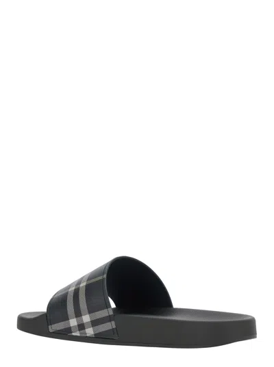 Burberry Men Dark Green Sandals With Check Motif On The Front In Rubber Man In Black