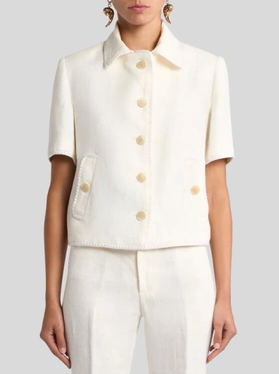 Etro Short-sleeved Cropped Linen Jacket With Pegaso Buttons In White