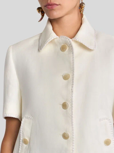 Etro Short-sleeved Cropped Linen Jacket With Pegaso Buttons In White