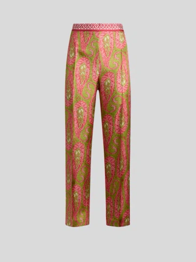Etro Paisley Foliage Trousers Contrasting Waistband Straight Leg In Multi