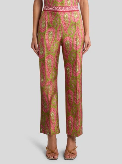 Etro Paisley Foliage Trousers Contrasting Waistband Straight Leg In Multi