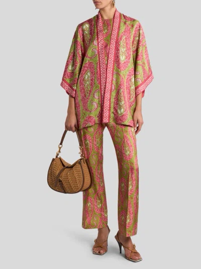 Etro Paisley Foliage Trousers Contrasting Waistband Straight Leg In Multi
