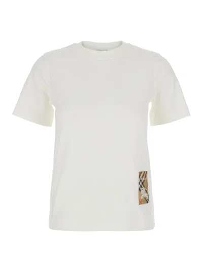 Burberry Women White T-shirt With Logo Patch With Check Motif On The Front In Cotton Woman In Neutral
