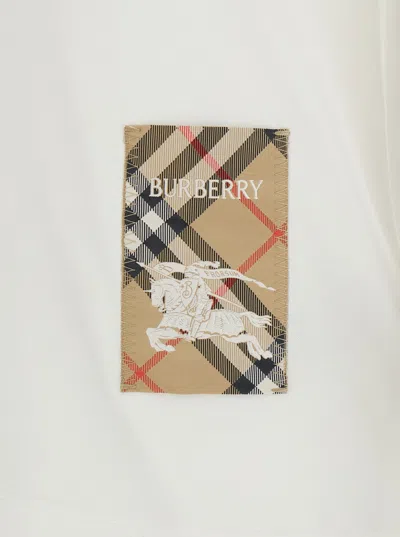 Burberry Women White T-shirt With Logo Patch With Check Motif On The Front In Cotton Woman In Neutral