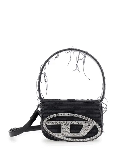 Diesel 1dr Black Shoulder Bag With Oval D Plaque With Rhinestones And Fringed Edges In Cotton And Leather B