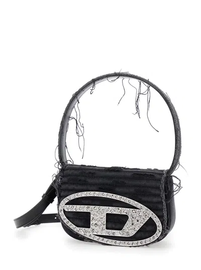 Diesel 1dr Black Shoulder Bag With Oval D Plaque With Rhinestones And Fringed Edges In Cotton And Leather B