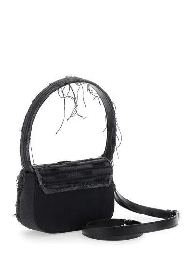 Diesel 1dr Black Shoulder Bag With Oval D Plaque With Rhinestones And Fringed Edges In Cotton And Leather B