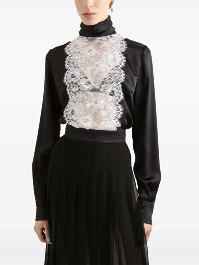 Dolce & Gabbana Lace Panel Blouse High Neck Long Sleeves In Black