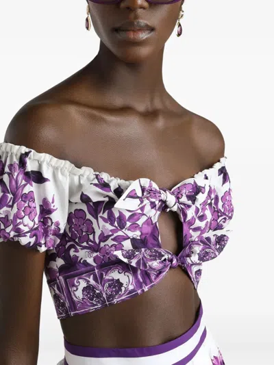 Dolce & Gabbana Majolica Poplin Off-the-shoulder Puff-sleeve Crop Top In Purple
