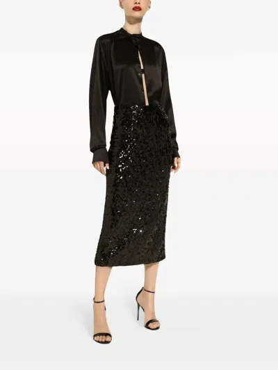 Dolce & Gabbana Sequined Midi Skirt Back Slit Pencil In Black