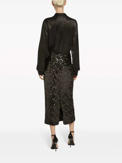 Dolce & Gabbana Sequined Midi Skirt Back Slit Pencil In Black