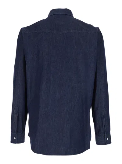 Dsquared2 Men Blue Shirt With Classic Collar And Two Front Patch Pockets With Buttons In Denim Man In Black