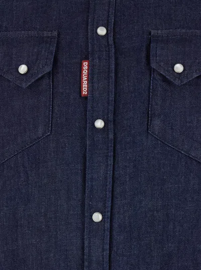 Dsquared2 Men Blue Shirt With Classic Collar And Two Front Patch Pockets With Buttons In Denim Man In Black
