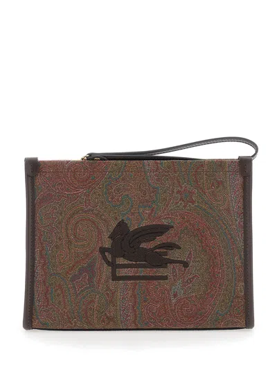 Etro Arnica Brown Clutch With Embroidered Logo On The Front And All-over Motif In Cotton Blend Woman In Multi