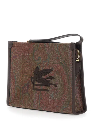 Etro Arnica Brown Clutch With Embroidered Logo On The Front And All-over Motif In Cotton Blend Woman In Multi