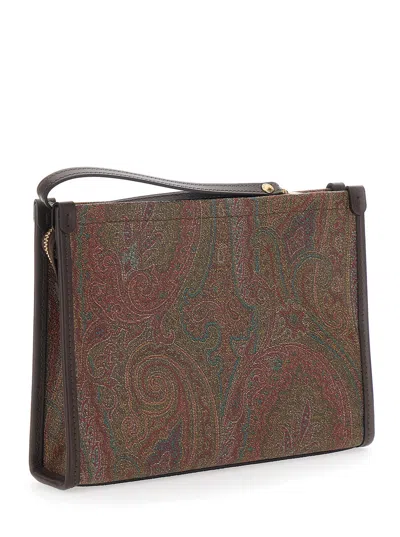Etro Arnica Brown Clutch With Embroidered Logo On The Front And All-over Motif In Cotton Blend Woman In Multi