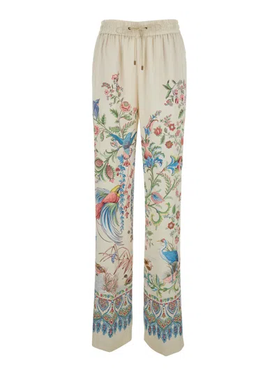 Etro Women White Pants With Elastic Drawstring Waist And All-over Floral Print In Tech Fabric Woman In Multi