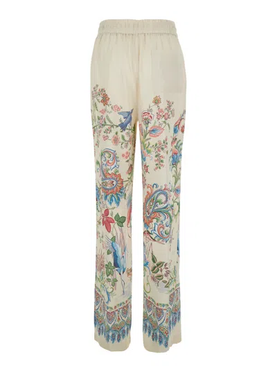 Etro Women White Pants With Elastic Drawstring Waist And All-over Floral Print In Tech Fabric Woman In Multi