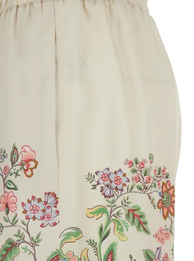 Etro Women White Pants With Elastic Drawstring Waist And All-over Floral Print In Tech Fabric Woman In Multi