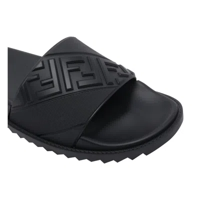 Fendi Rubber Slides With High Strap And Embossed Ff Motif Shoes In Black