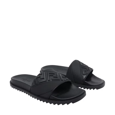 Fendi Rubber Slides With High Strap And Embossed Ff Motif Shoes In Black