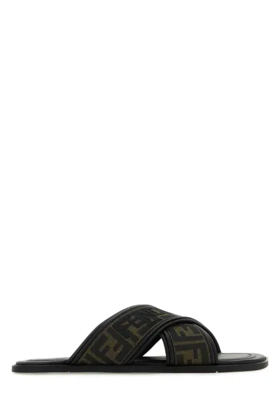 Fendi Double Crossed Band Logo Slides With Jacquard Ff Design In Black