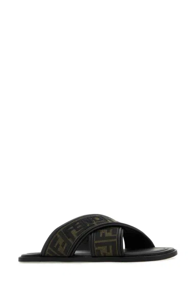 Fendi Double Crossed Band Logo Slides With Jacquard Ff Design In Black