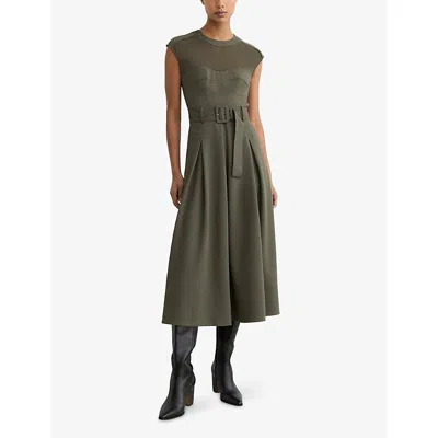 Reiss Womens  Ava Belted-waist Stretch-woven Midi Dress In Green